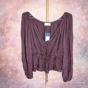 Women’s Burgundy Boho Blouse Long Sleeve V Neck Tie Waist Peplum Top Flowy Shirt